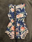 Girls Blue  Flowers Roses Pom Pom Romper Size 100 Fits Approx  2t-3t