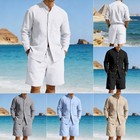 Mens Casual Linen Shirt And Shorts Set Summer Vintage Stand Collar Shirts Men Co