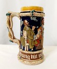 Vintage German Beer Stein Musicians Relief Cobalt Blue Stoneware Mug Octoberfest