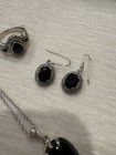 925 Sterling Silver Black Oval Onyx Set Necklace Earrings Ring Signed Ati