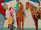 Vintage 1953 Needlepoint Tapestry Folk Art Horse Rider Cross Stitch  3x6 Ft