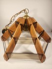 Vintage Mcm Geometric Pendant Light Fixture Hanging Wood Smoked Beveled Glass 