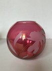Vintage Cranberry Glass Vase Etched Frosted Floral Victorian Style 5 X 5 Inches