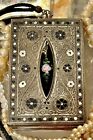 Vtg 1930 Silver Enamel Floral Artdeco Hinged Makeup Powder Compact Mirror Wrist