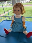 Vintage Blonde Girl Play Doll In Blue Dress With Red Shoes  Hard Plastic   Cloth