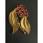 Vintage Brooch And Earrings Set Gold Tone Red Rhinestone Leaf Design Botanical