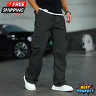 Men Flap Pocket Side Drawstring Waist Oversize Cargo Pants Baggy Long Plain Pant