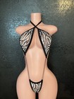 Exotic Dancewear Stripper Outfit Zebra Sequin Mesh Sling And Sarong Skirt Set 