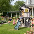 8in1 Wooden Kids Swing Slide Set Playhouse rock Wall kitchen Backyard Playground