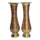 Vintage Pair  9 75    Etched Brass Vases Red Enamel Floral India Boho Decor