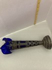 Vintage Cobalt Blue Conical Glass Vase With Ruffled Rim In Silver Tone Holder 