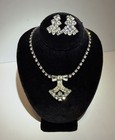 Vintage Silver Tone Rhinestone Necklace   Clip-on Earrings Set Clear Stones