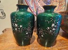 Marked Japanese Cloisonne Vase Pair Signed Shogun Emerald Green Enamel Japan