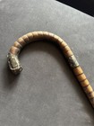 Vintage Old Antique Carved Wooden White Metal Band Bamboo Walking Stick Cane 