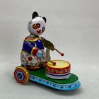 Vintage Tin Wind-up Panda Drummer Toy On Wheels Litho Mechanical W Box Works