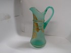 Antique Green Glass Hand Painted Pitcher 12  Tall Gold Floral Design