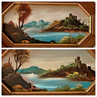 Vtg Castle   Seascape Signed Miniture Oil Paintings W  Octagon Wood Frames Qty-2