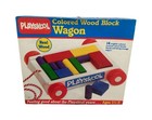      Vtg Playskool Colored Wood Block Wagon 1986   Real Wood Pull Toy With Box     