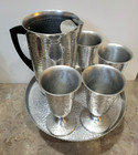 Mcm Vintage Mmmsa Spain Hammered Aluminum Pitcher  4 Goblet Cups   Serving Tray