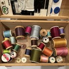 Wood Brown Sewing Box W  Thread Spools   Sewing Notions 