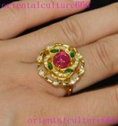 Ancient China Dynasty Palace Bronze Gilt Inlay Red Gemstone Wealth Ring