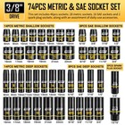 74pcs 3 8  Drive Metric  8-22mm    Sae  5 16 -3 4   Impact Socket Set  Cr-v