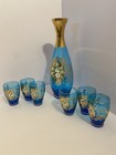 Vintage Hand Painted Art Glass Decanter With 6 Shot Glass Set