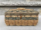 Vintage Woven Wicker Rattan Sewing Basket  Tan   Green W  Lined With Satin