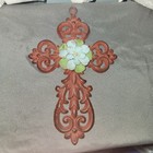 Rustic Cast Iron Wall Cross Blue Floral Center Scrollwork Red Brown Finish 10 