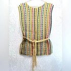 Vintage 1960s-1970s Crocheted Rainbow Stripe Belted Tabard Vest Deadstock