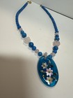 Lee Sands Blue Beaded Necklace W  Quartz Roses   Floral Mother Of Pearl Pendant