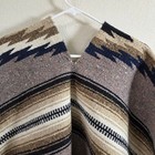 Vintage Mexican Serape Poncho Brown Tan Blue Striped Fringed Southwestern Baja