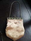 Vintage Gold Satin Beaded Floral Embroidered Metal Frame Evening Bag Purse