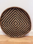 Vintage Flat Round Woven Cane Drying Basket Boho With Black And Auburn  20in
