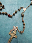 Antique Brass  Silver  Wood   Red Glass Double Crucifix Rosary