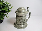 Vintage German Pewter Lidded Beer Stein Medieval Scene Verse Panel