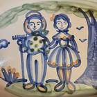 M A Hadley Oval Platter Hand Painted Country Farmer   Wife 19  X 12  Vintage