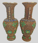 Antique Chinese Filigree Sterling Silver And Enamel Pair Of Vases 