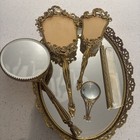 Fancy Vintage Ornate Gold Tone Plated Vanity Dresser Set-mirrors-comb-brush Mcm