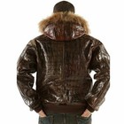 Men Bomber Hooded Leather Jacket Crocodile Embossed Jacket Fur Hood Biker Jacket