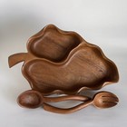Vintage Hand Carved Monkey Pod Wood Bowl Serving Two Utensils Signed Tiki Hawaii