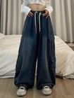 Fashion Women Wide Leg Loose Baggy Jeans Pants Cargo Pockets Denim Trousers