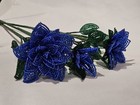 Blue French Beaded Roses Set Of 3 Handmade Everlasting Flowers Long Stem
