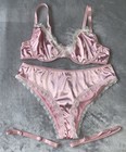 New Glossy 2nd Skin 3x Satin Bra Panties Garter Belt 5pc Set Queen Sz