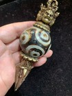 Hand Made Large Tibetan Brass 3dhanadas Inlay Old Agate Dzi  9eyed  Bead Pendant