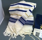 Wool Tallit Prayer Shawl Talis Zion Israel 27 x80  Blue Gold White Velvet Bag