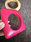 2 Vintage Wooden Bangle Bracelet Pink Asymmetrical Rounded Square  Blonde Wood