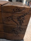 Vintage Hand Carved Asian Wood Jewelry Box  3 Fold Opening And Closure