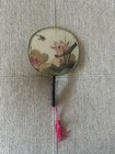 Vintage 70s Japanese Silky Round Fan Flowers   Bird Calligraphy Wood Handle 9   