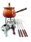 Vtg 1970s Orange Red Fondue Pot Set Base Burner 4 Forks Black Metal Stand Frship
